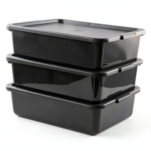 Idomy 3-Pack 13 L Black Commercial Bus Tub, Plastic Bus Box with Lids-0