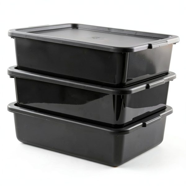 Idomy 3-Pack 13 L Black Commercial Bus Tub, Plastic Bus Box with Lids-0