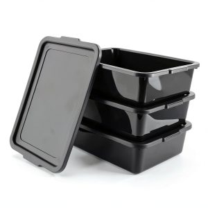 Kekow Plastic Bus Box with Lid, Commercial Bus Tubs with Handle, 3-Pack, Black-0