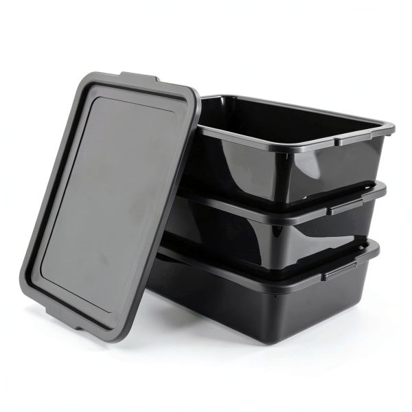 Kekow Plastic Bus Box with Lid, Commercial Bus Tubs with Handle, 3-Pack, Black-0