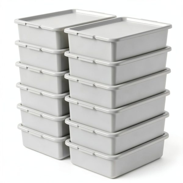 12 Packs Food Service Bus Tubs with Lids, 13 L Commercial Bus Tub, Light Gray-0